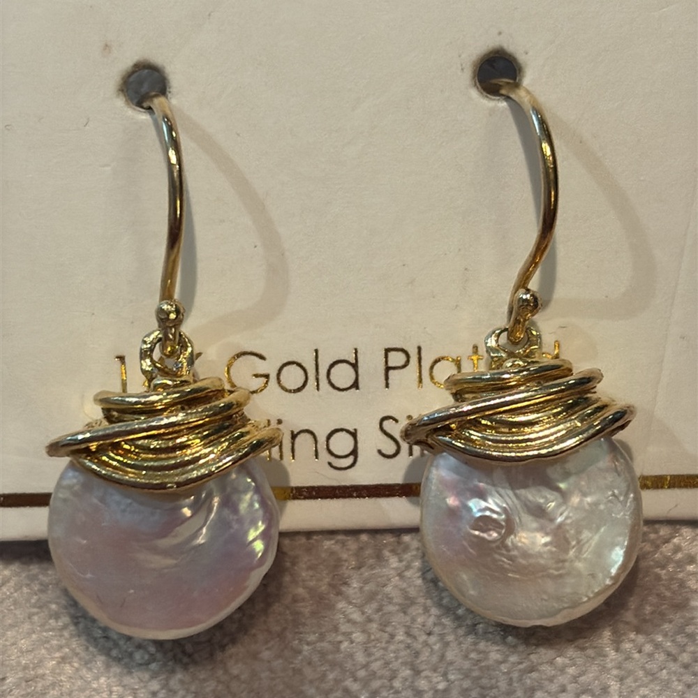 Yam 14 KT Gold Plated Sterling Silver 925 Coin Pearl Earrings Israeli Designer